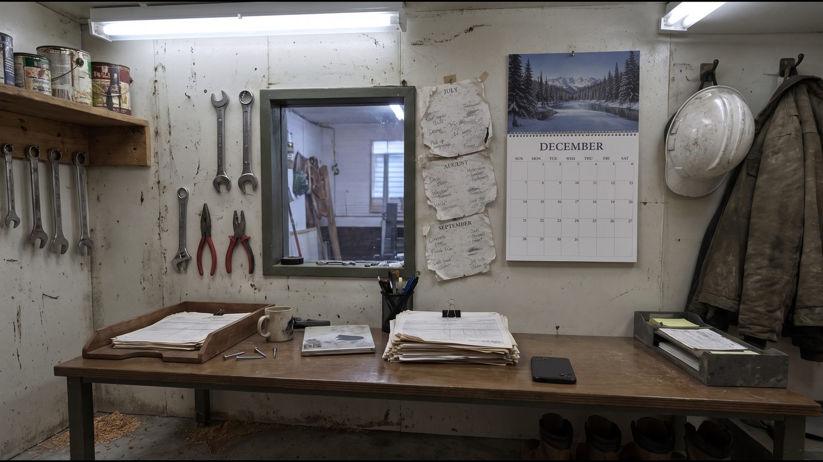 A shop wall with last summer's job sheets full of notes, next to a blank December calendar